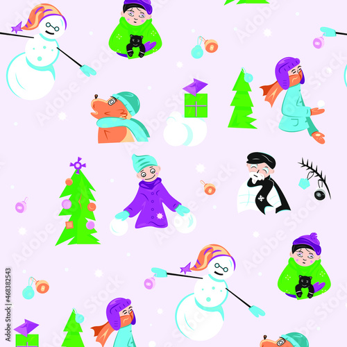 Vector New Year doodles, Christmas doodles, winter holiday doodles, seamless pattern representing a New Year theme, funny New Year doodles. 