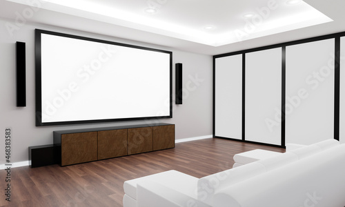 Home Theater on the white plaster wall in living room. Big wall screen TV and Audio equipment use for Mini Home Theater surround speakers. white sofa and table on the wooden floor. 3D Rendering.