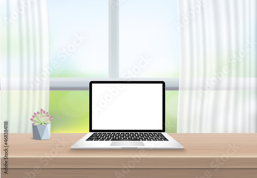 Office desk with laptop computer white screen on wooden table front view in white room modern. Front of window glass and curtain. Realistic 3D vector illustration.