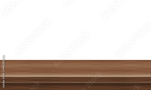 Empty wooden table side view of free space, For your copy branding. Used for display or montage products. Vintage style concept. Wood brown realistic surface isolated on white background. 3D Vector.