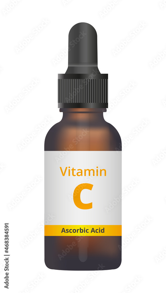 Vector illustration or icon of an amber glass dropper bottle with liquid vitamin C isolated on white. Vitamin C drops, ascorbic acid, ascorbate. Liquid drops, dietary supplement, essential nutrient.