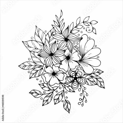 Hand drawn flower bouquet arrangement in black and white color doodle or sketch style, vector. Postcard, invitation, poster, greeting card, coloring book page.