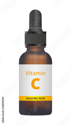 Vector illustration or icon of an amber glass dropper bottle with liquid vitamin C isolated on white. Vitamin C drops, ascorbic acid, ascorbate. Liquid drops, dietary supplement, essential nutrient.