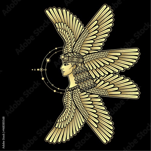 Cartoon drawing: beautiful winged woman, character in Assyrian mythology. Ishtar, Astarta, Inanna. Profile view. Orbits of planets, space symbols.  Vector illustration isolated. Imitation of gold.
