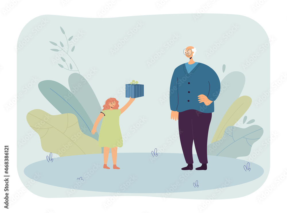 Cartoon granddaughter giving birthday present to grandfather. Senior and little girl with gift box flat vector illustration. Elderly care, family, celebration concept for banner or landing web page Cartoon granddaughter giving birthday present to grandfather. Senior and little girl with gift box flat vector illustration. Elderly care, family, celebration concept for banner or landing web page