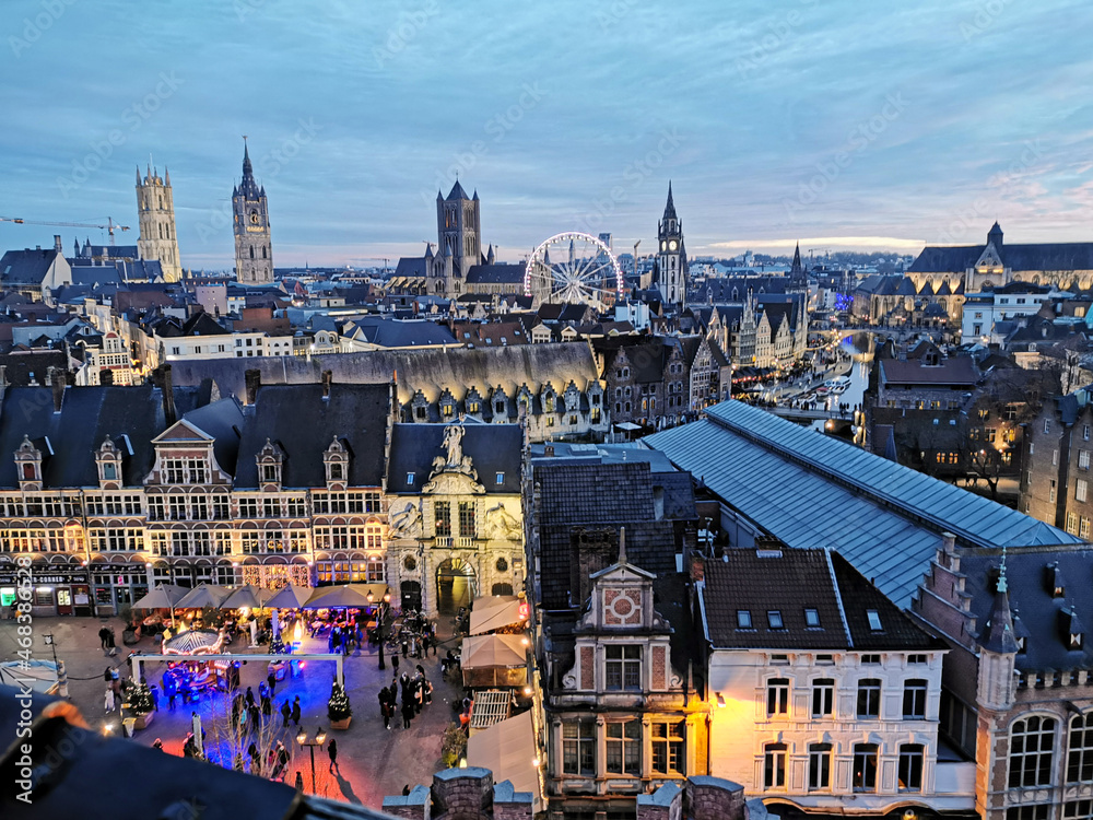 Panoramic view of the Christmas lights of Ghent from above.