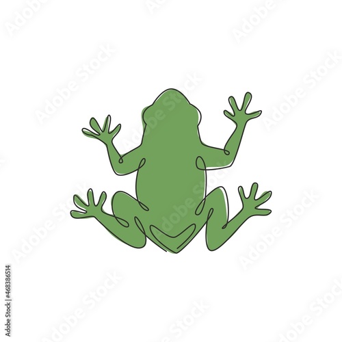 One continuous line drawing of funny frog for kids toy logo identity. Reptile animal icon concept. Trendy single line draw graphic design vector illustration
