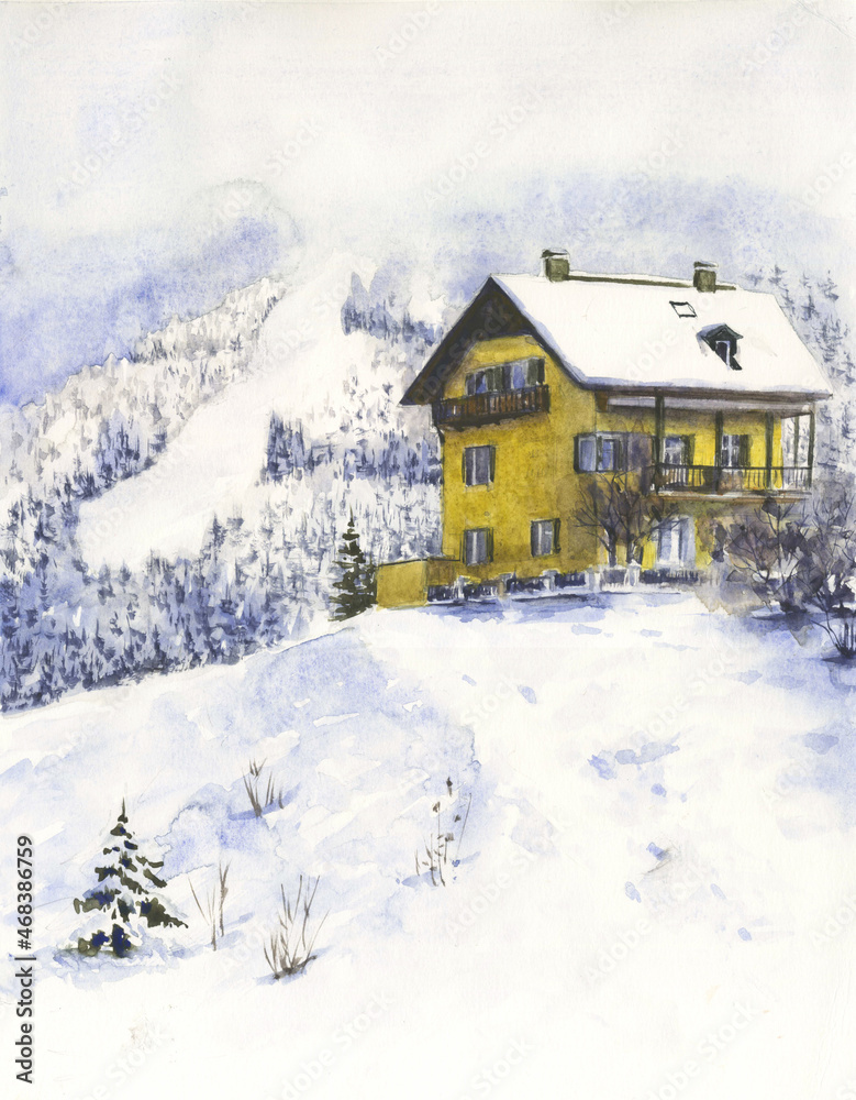 Watercolor drawing mountain landscape with house and ski resort