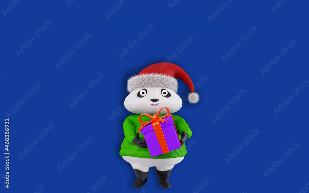 3D Christmas character. Funny cartoon character, holding a gift box, 3d render. Christmas Panda bear dressed in sweater and with santa claus hat