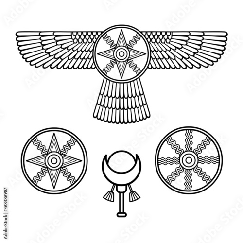 Cartoon drawing: ancient Sumerian symbols. Winged star. Marduk, Shamash, Ishtar. Vector illustration isolated on a white background. photo