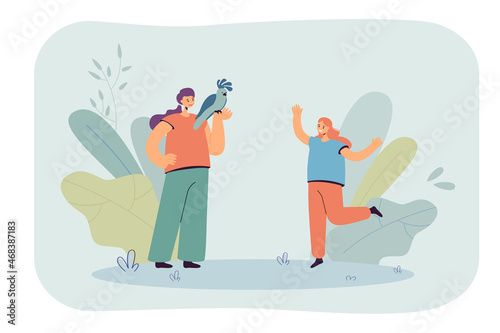 Cartoon daughter running towards mother with parrot on hand. Woman holding tropical bird, happy girl flat vector illustration. Family, exotic pets concept for banner, website design or landing page