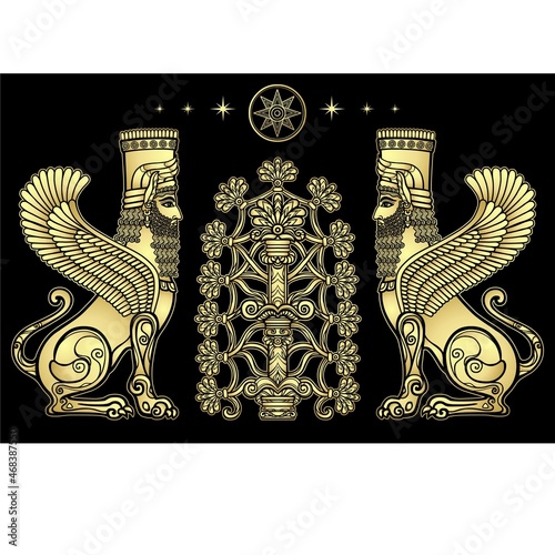 Photography Animation color drawing: magical winged lions with human heads sit at the sacred tree