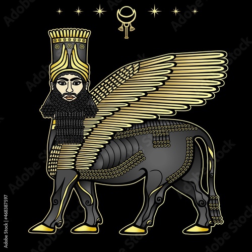 Animation drawing: image of the Assyrian mythical deity Shedu: a winged bull with  head of person. character in Sumerian mythology. Vector illustration isolated on a black background. photo