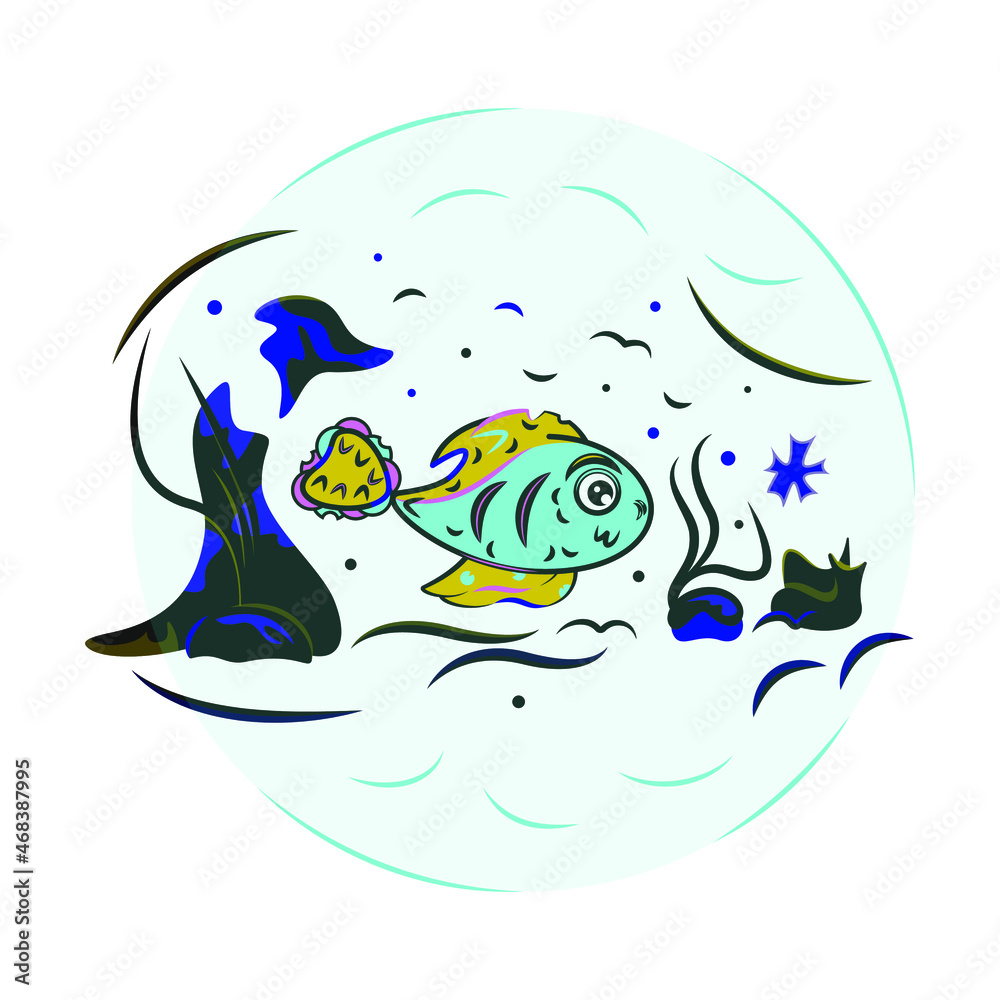 Obraz premium A little blue fish in a sea, a vector smiling fish swimming in an ocean, a fish underwater among seaweeds, a sea colorful fish located underseas and looking at starfish, submarine color world.