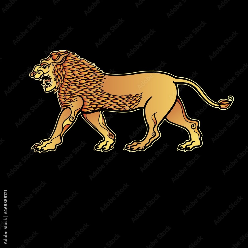 Cartoon color drawing: growling lion, a character in Assyrian mythology. Vector illustration isolated on a black background. Cartoon color drawing: growling lion, a character in Assyrian mythology. Vector illustration isolated on a black background.