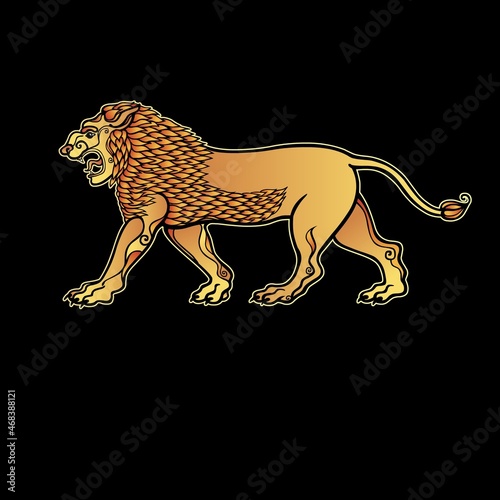 Cartoon color drawing   growling lion  a character in Assyrian mythology.   Vector illustration isolated on a black background.