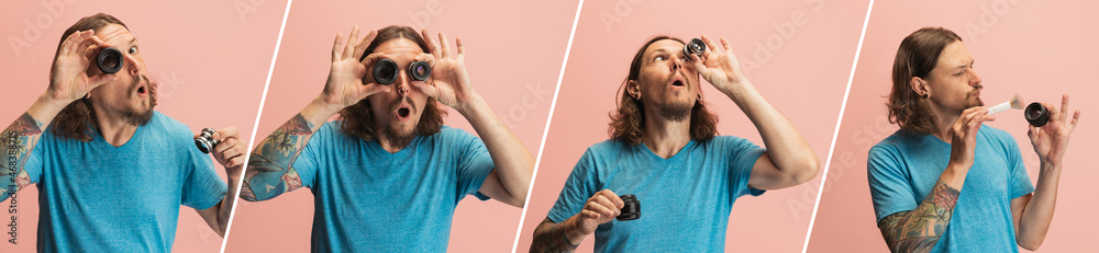 Collage of portraits of young man, photographer, cameraman with camera lens having fun isolated on pink studio background.