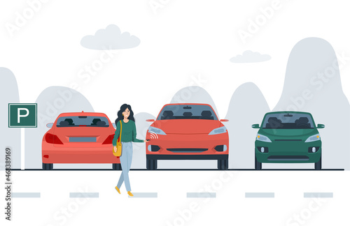 Woman in the parking lot looking for her car. Vector illustration.