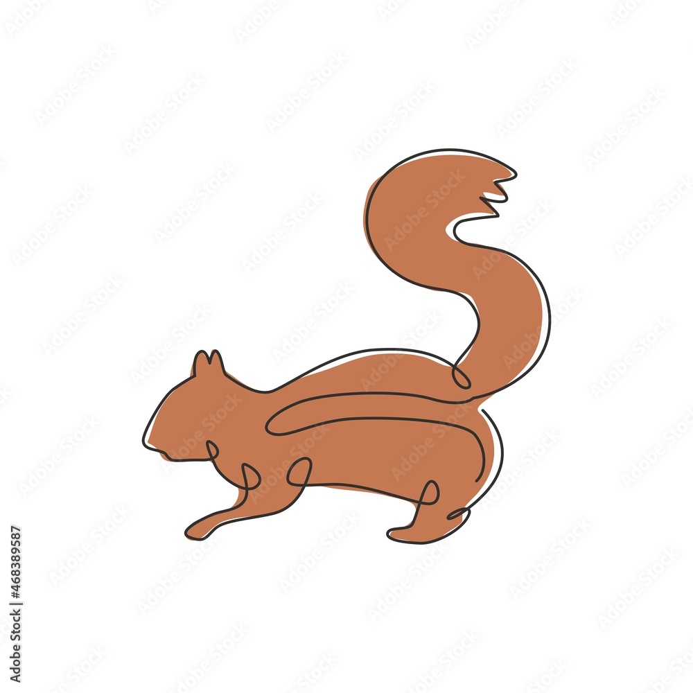 Fototapeta premium One single line drawing of cute squirrel for company logo identity. Business corporation icon concept from funny rodent animal shape. Trendy continuous line draw design vector graphic illustration