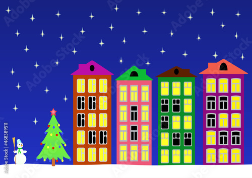 New year night in the town. Vector illustration.