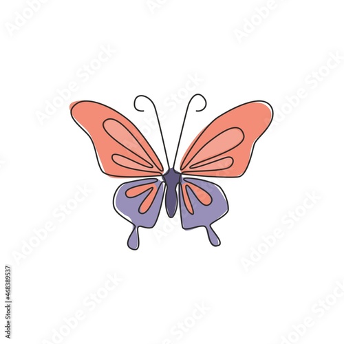 Single continuous line drawing of luxury butterfly for corporation logo identity. Beauty salon and healthcare company icon concept from animal shape. One line draw graphic design vector illustration © Simple Line