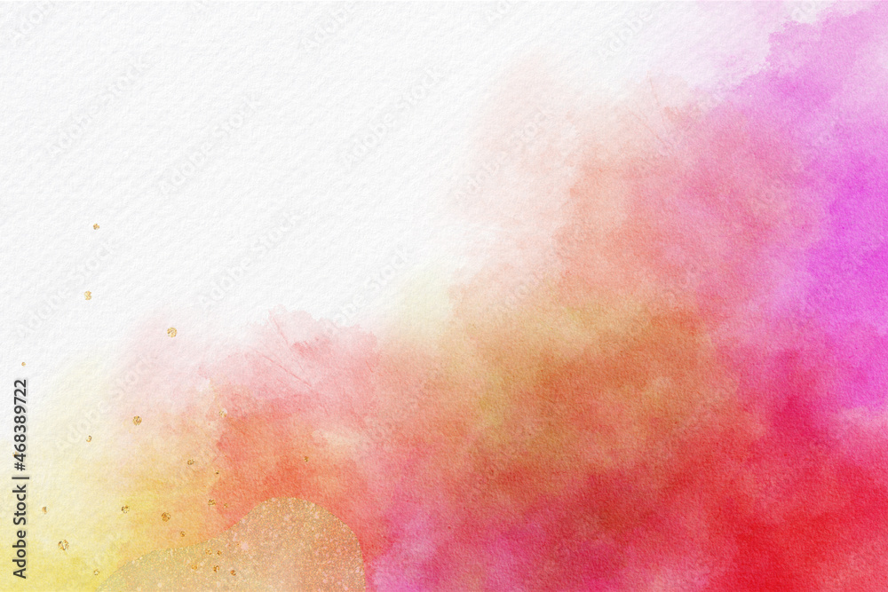 Fototapeta premium Bright pink watercolor abstract background with gold elements