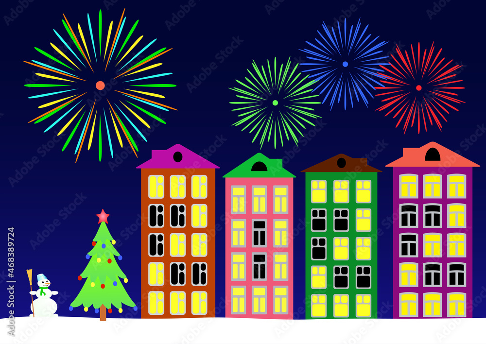 New year night in the town. Vector illustration.