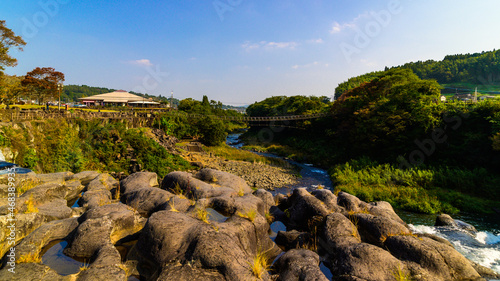 原尻の滝「朝陽の光芒・早朝風景」東洋のナイアガラ Harajiri Waterfall 