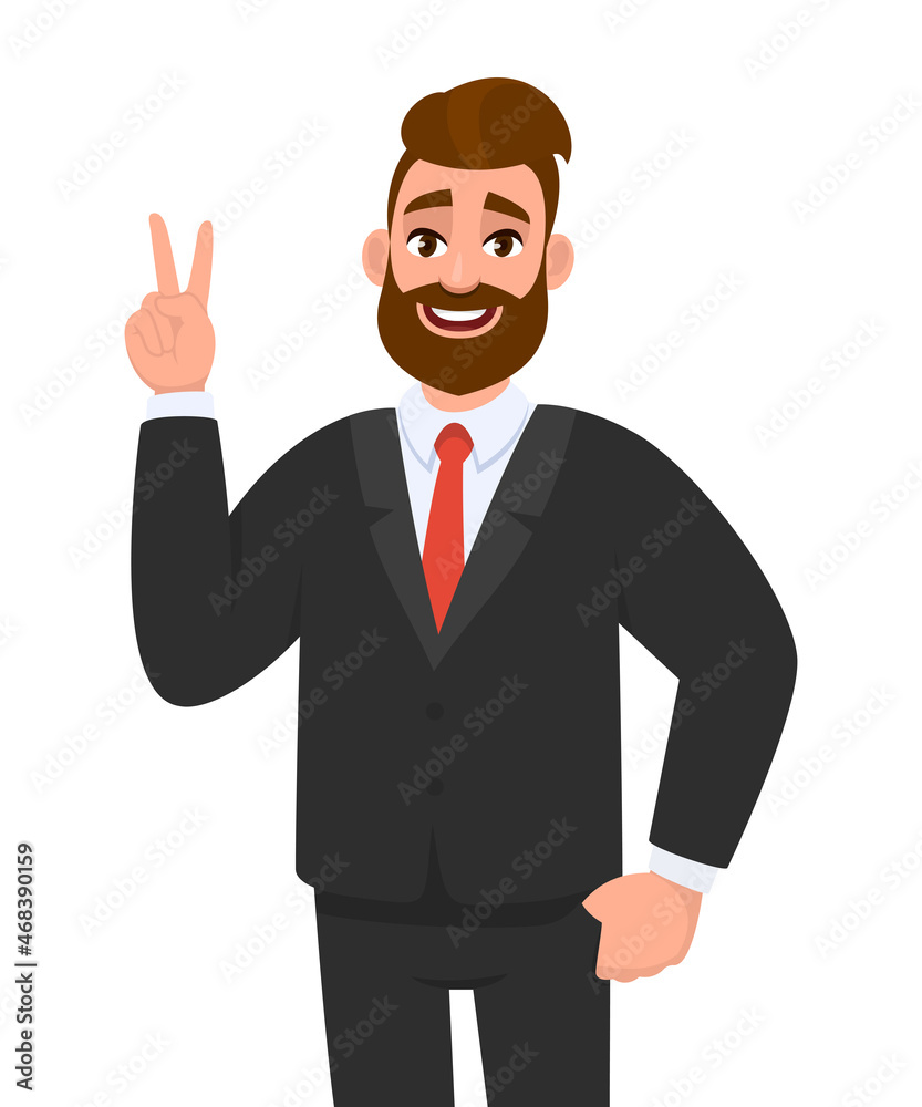 Young hipster businessman showing victory. Trendy stylish person gesturing peace sign with fingers. Happy male character making success or winner symbol. Cartoon design illustration in vector style. Young hipster businessman showing victory. Trendy stylish person gesturing peace sign with fingers. Happy male character making success or winner symbol. Cartoon design illustration in vector style.