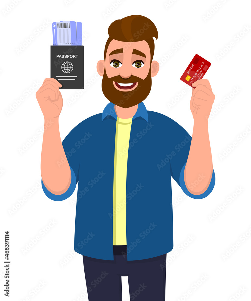 Young hipster man showing passport with tickets and credit, debit or ATM card in hand. Bearded person holding a boarding pass. Modern lifestyle. Male character design illustration in vector cartoon. Young hipster man showing passport with tickets and credit, debit or ATM card in hand. Bearded person holding a boarding pass. Modern lifestyle. Male character design illustration in vector cartoon.