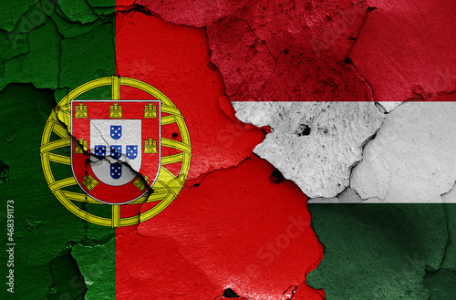 flags of Portugal and Hungary painted on cracked wall