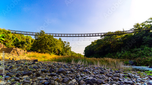 原尻の滝・吊橋風景「朝陽の光芒・早朝風景」東洋のナイアガラ Harajiri Falls / Suspension Bridge Scenery 