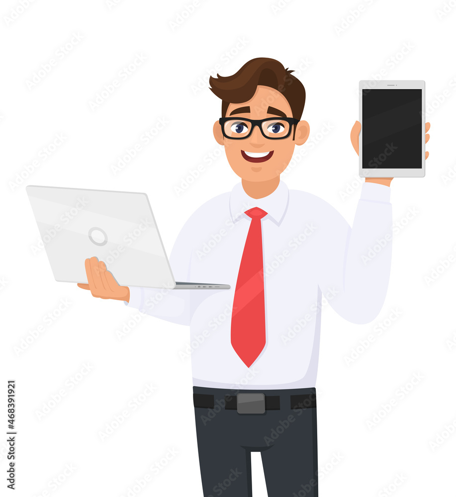 Stylish young business man holding laptop and showing blank screen tablet. Trendy person using or working computer. Male character design illustration. Modern technology, lifestyle in vector cartoon Stylish young business man holding laptop and showing blank screen tablet. Trendy person using or working computer. Male character design illustration. Modern technology, lifestyle in vector cartoon