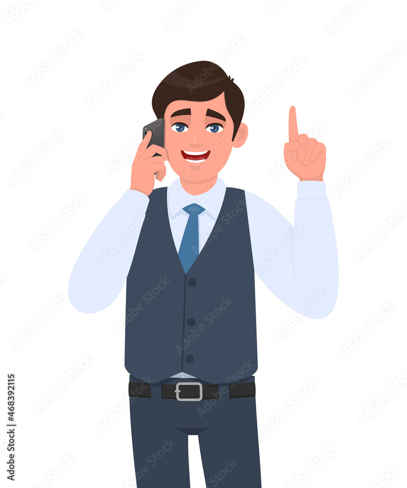 Young business man in waistcoat speaking on the phone and pointing finger up. Trendy person calling to mobile. Idea, solution. Male talking over cellphone. Cartoon illustration design in vector style. Young business man in waistcoat speaking on the phone and pointing finger up. Trendy person calling to mobile. Idea, solution. Male talking over cellphone. Cartoon illustration design in vector style.