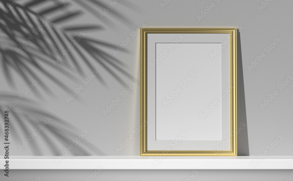 Mockup gold poster frame on the shelf with palm shadow on the wall. 3D illustration.