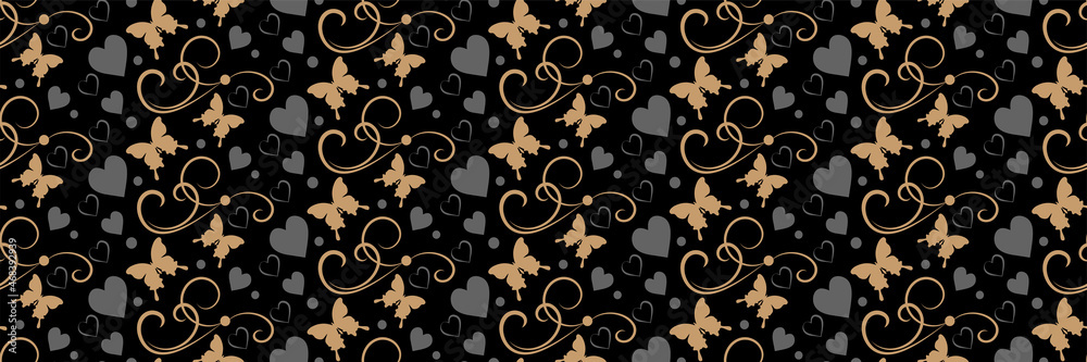 Abstract background pattern with gold butterflies and hearts on a black background for your design. Seamless background for wallpaper, textures. Vector illustration.
