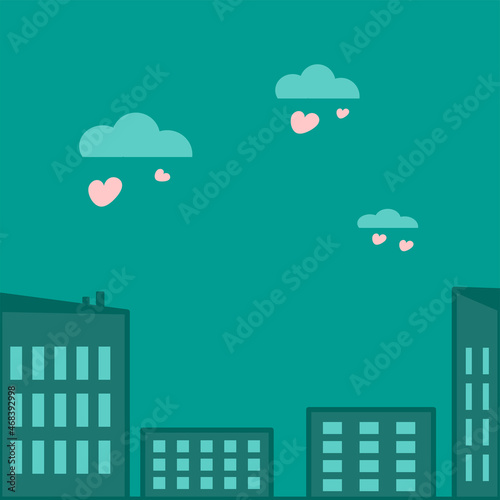 City background with clouds and hearts mono and flat style in green color