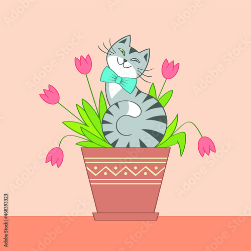 A gray striped cat sits in a pot with pink flowers. 
Vector illustration for festive greeting cards design, textile, wallpapers, print, T-shirts, gift wrap and scrapbooking. 