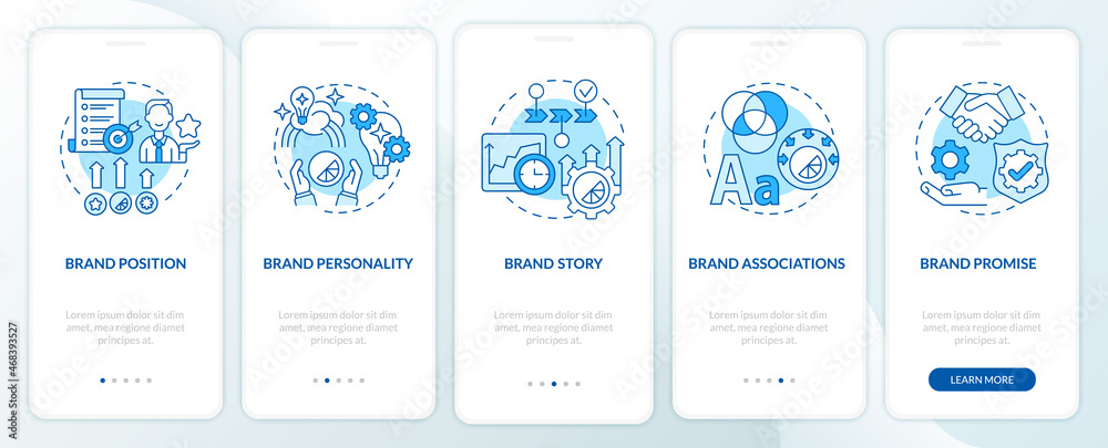 Key brand elements blue onboarding mobile app page screen. Business value walkthrough 5 steps graphic instructions with concepts. UI, UX, GUI vector template with linear color illustrations Key brand elements blue onboarding mobile app page screen. Business value walkthrough 5 steps graphic instructions with concepts. UI, UX, GUI vector template with linear color illustrations