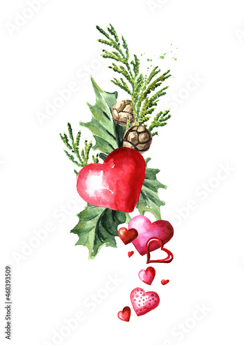 Valentines Day Bouquet with hearts, Greeting card concept. Watercolor hand drawn illustration isolated on white background