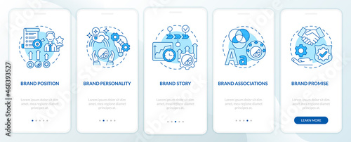 Key brand elements blue onboarding mobile app page screen. Business value walkthrough 5 steps graphic instructions with concepts. UI, UX, GUI vector template with linear color illustrations