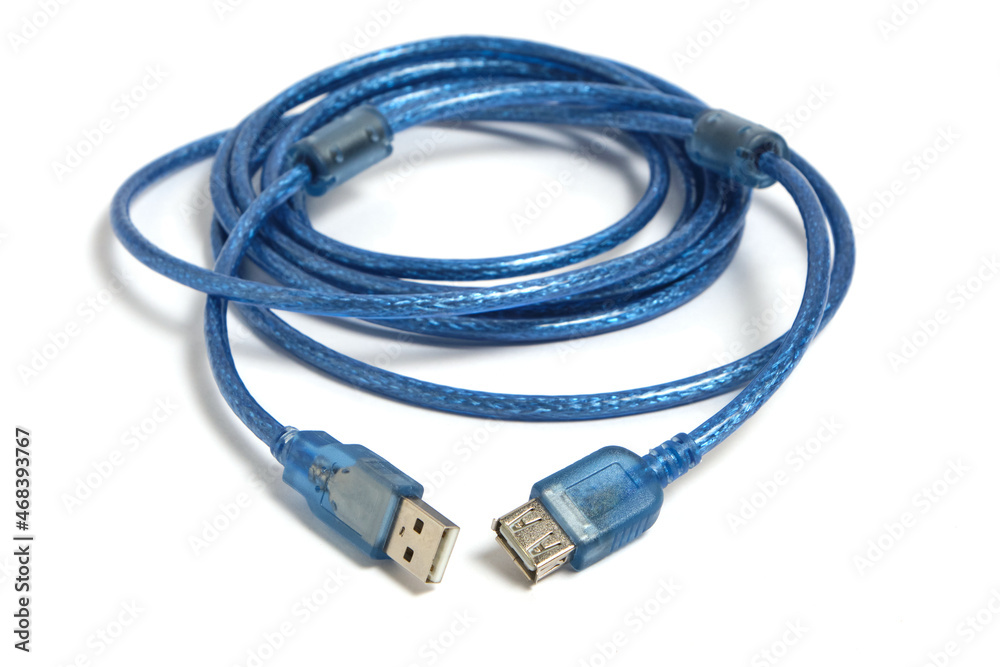 USB cable is blue on a white background. USB cable is blue on a white background.