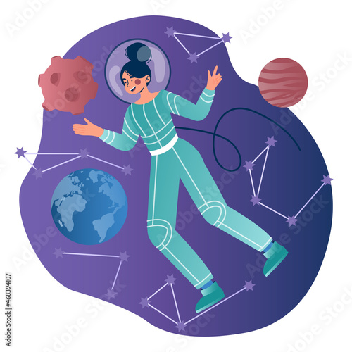 Concept of zero gravity. Female character in spacesuit flies in outer cosmos. Weightlessness in space. Woman studies universe, planets and stars. Cartoon contemporary flat vector illustration