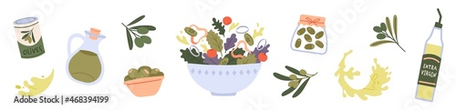 Olives and olive oil set. Extra virgin oil in pitcher, pitted vegetables in metal and glass jars, salad bowl. Mediterranean food ingredients. Fat plant from Greece or Italy. Flat cartoon illustration