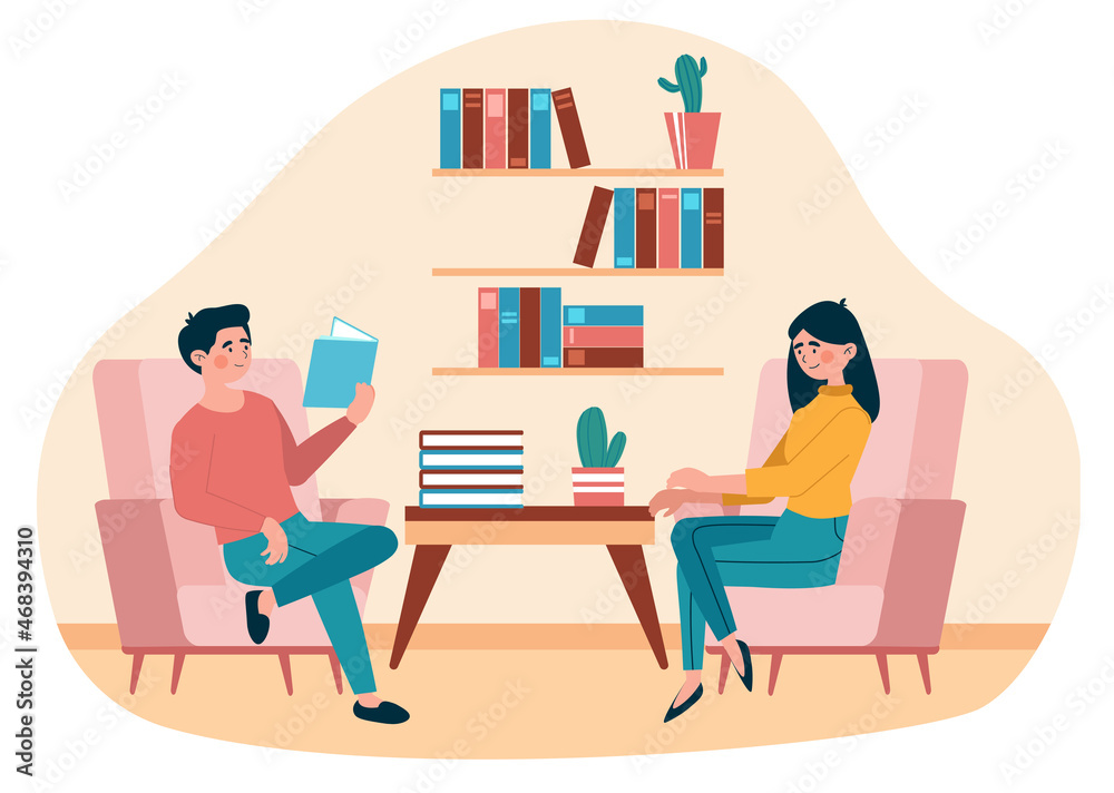 Bookcrossing and reading concept. Man and woman sitting in library and sharing interesting books with each other. Characters recommend literary works and novels. Cartoon flat vector illustration