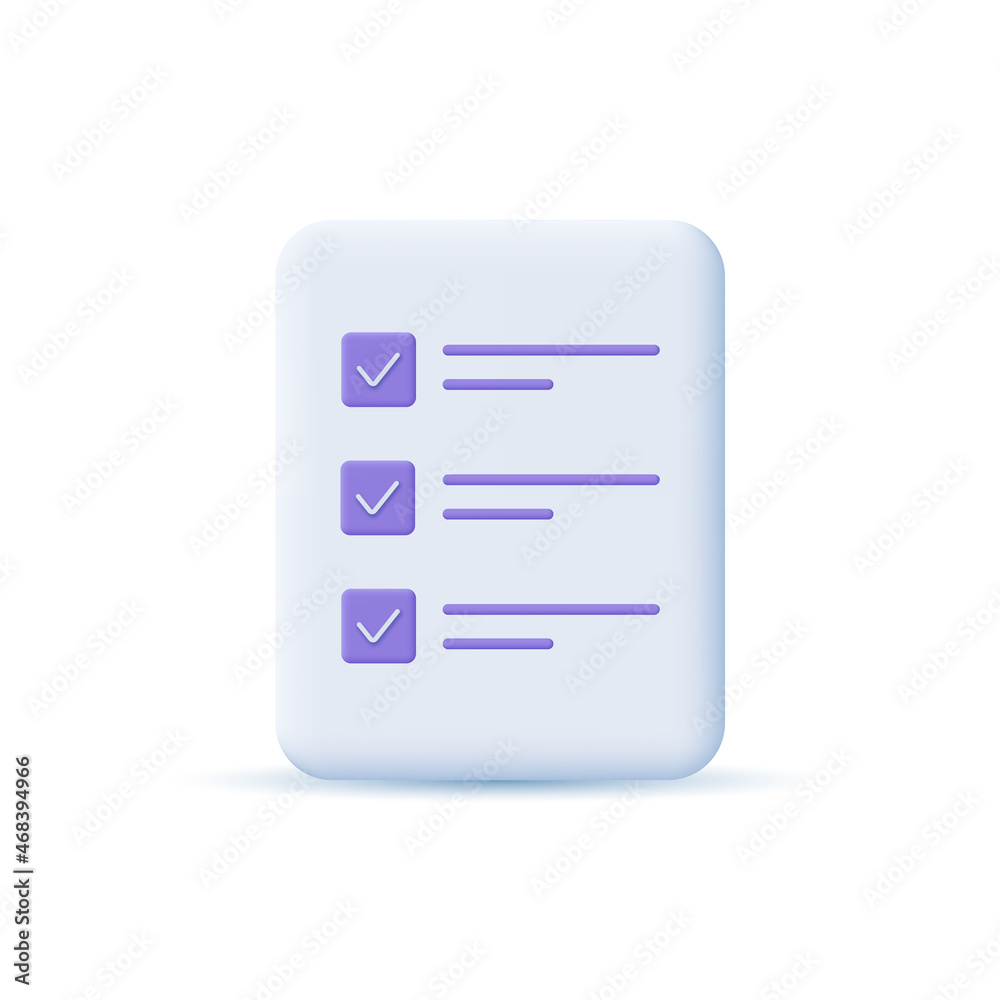 Document checklist icon. File, clipboard, checklist, business, office, finance, work. 3D design concept. Vector illustration Document checklist icon. File, clipboard, checklist, business, office, finance, work. 3D design concept. Vector illustration