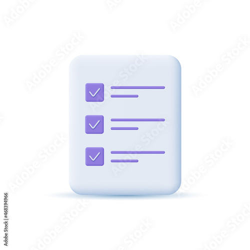 Document checklist icon. File, clipboard, checklist, business, office, finance, work. 3D design concept. Vector illustration