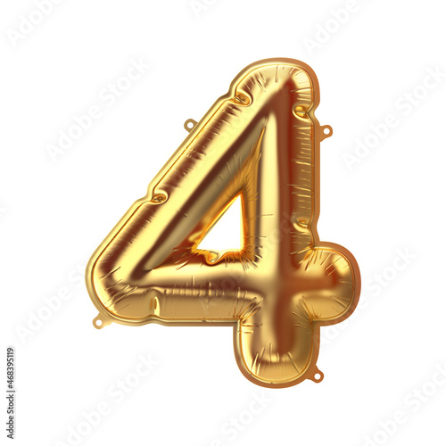 3D Render of Golden inflatable foil balloon 4 figure. Party decoration element. Yellow number four isolated on white background. New year celebration postcard part. Graphic element sign for web design
