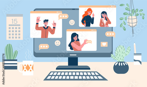 Online meeting with friends. Women and man communicate with each other online using computer and video link. Remote conversation with relatives or business conference. Cartoon flat vector illustration