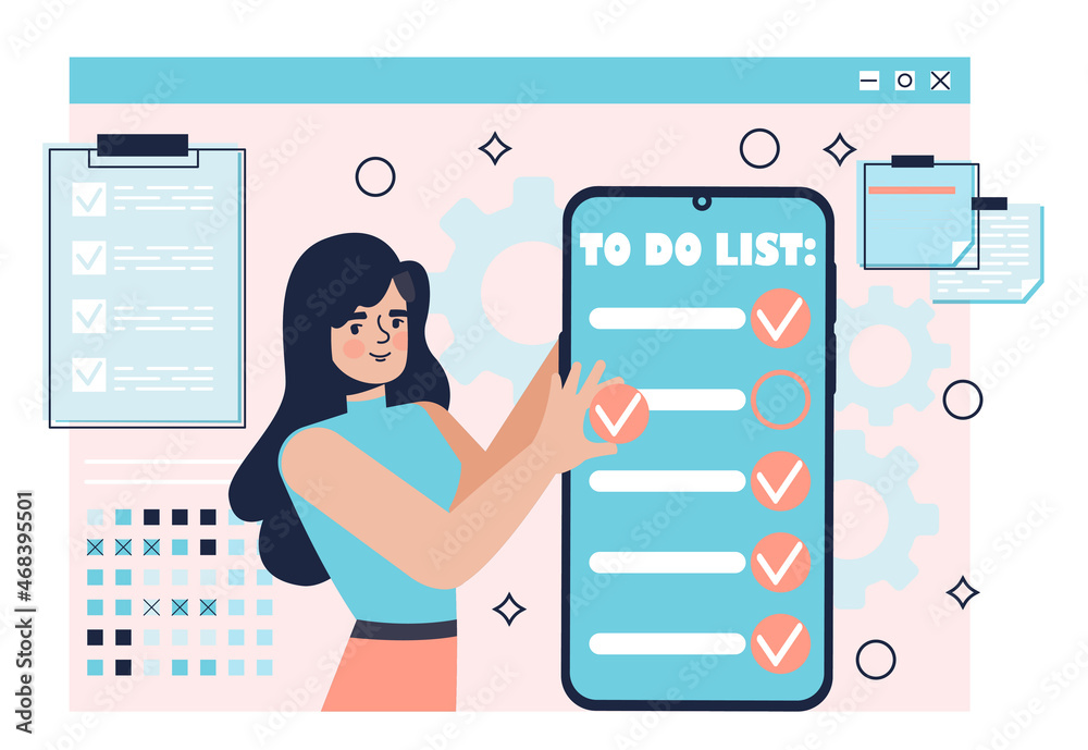 Completed task concept. Happy woman stands next to large smartphone and marks finished project in to do list. Efficient and productive work of employee. Cartoon modern flat vector illustration Completed task concept. Happy woman stands next to large smartphone and marks finished project in to do list. Efficient and productive work of employee. Cartoon modern flat vector illustration